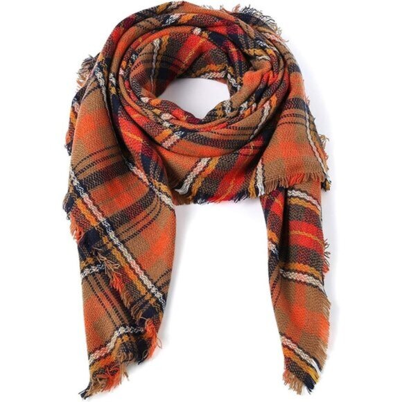Women's Fall Winter Scarf Classic Tassel Plaid Orange - Picture 2 of 6